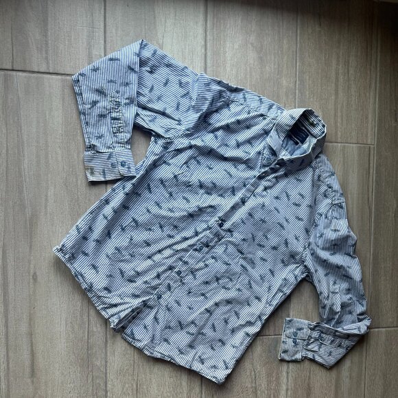 Denim & Flower White & Blue Striped Men's Button-Up Shirt with Dragonfly Print - Picture 1 of 6